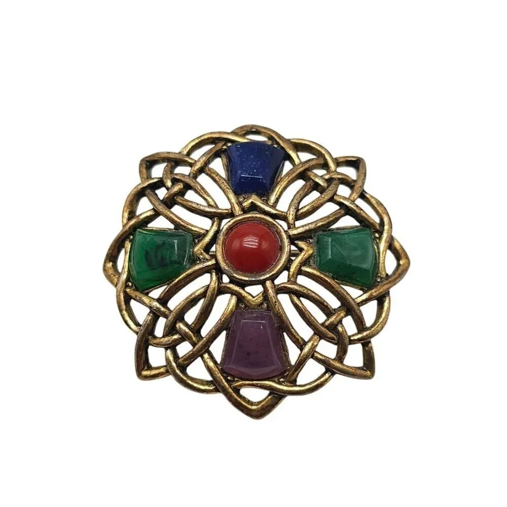 Vintage Sol D'or Celtic Knot Brooch With Multicolor Stones Gold Tone Pin